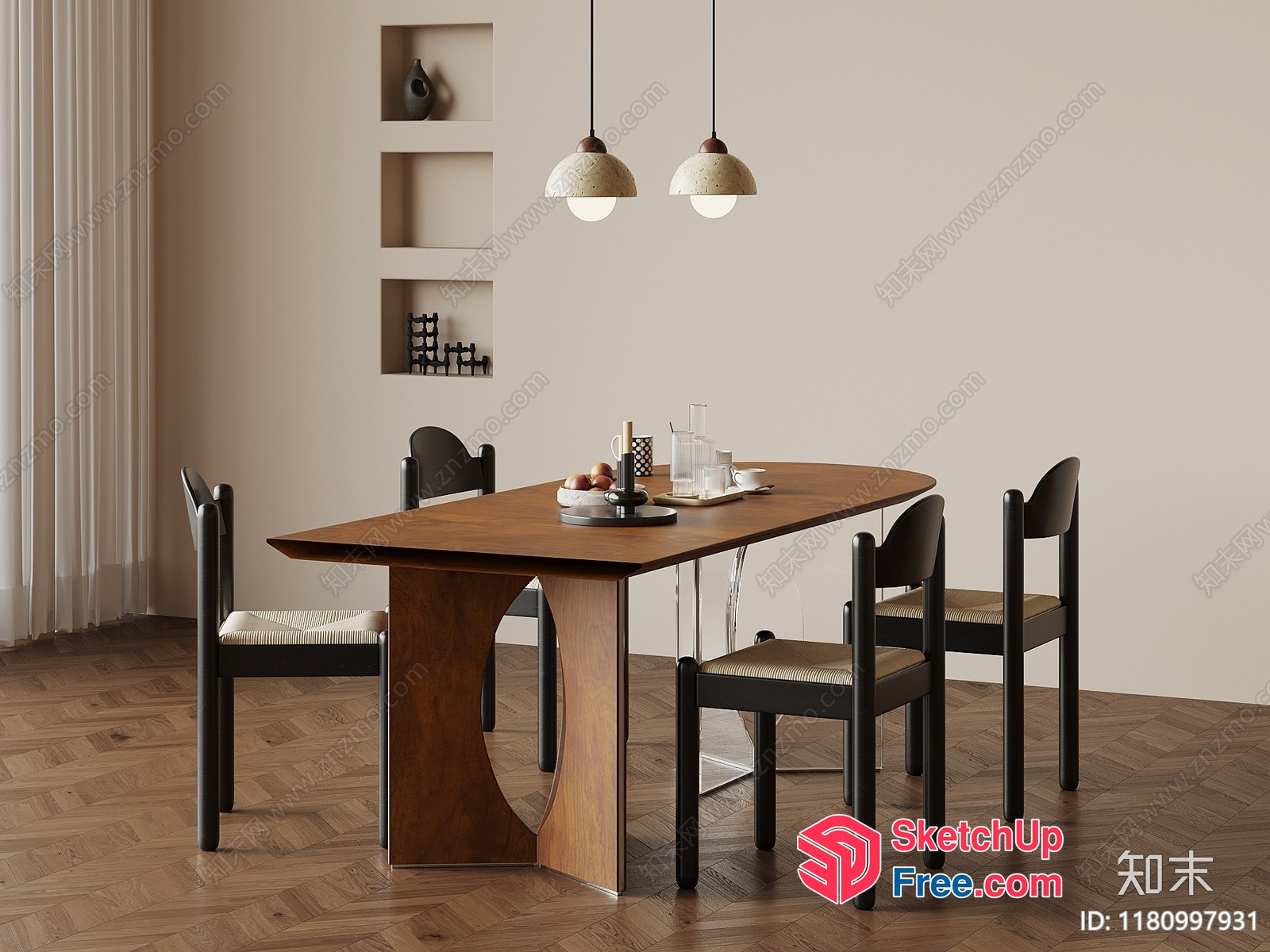 Modern Minimalist Dining Room With Wooden Table And Chairs 3D SketchUp File