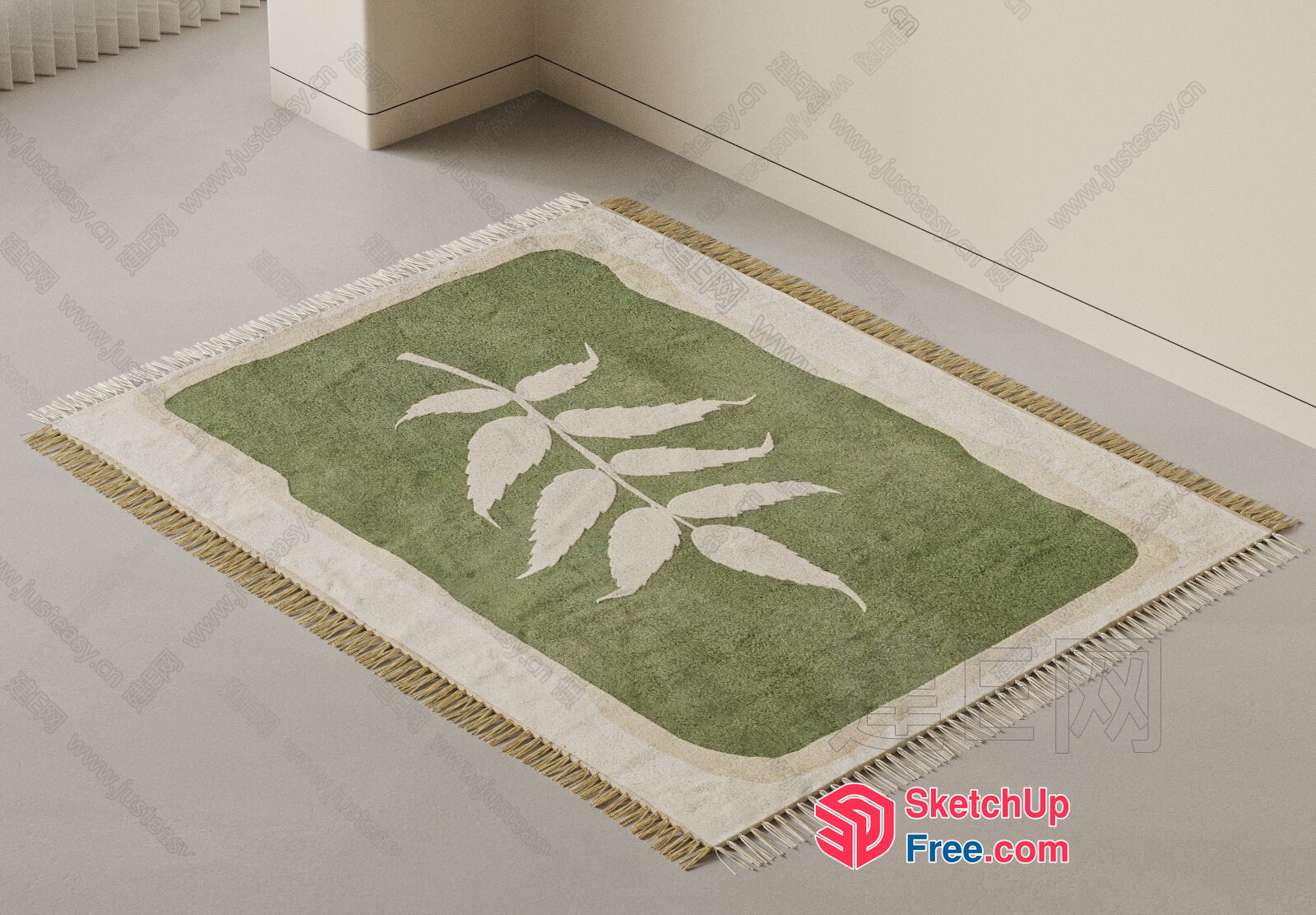Elegant Green And White Rug With Fringe And Leaf Design 3D SketchUp File