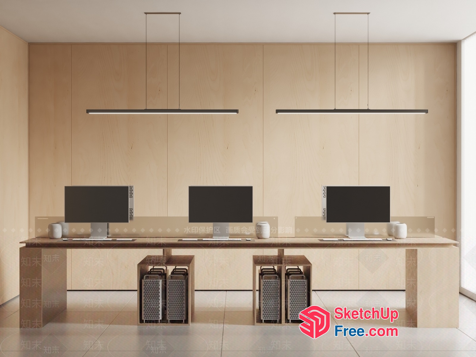 Modern Office Workspace With Wooden Desk And Computers 3D SketchUp File