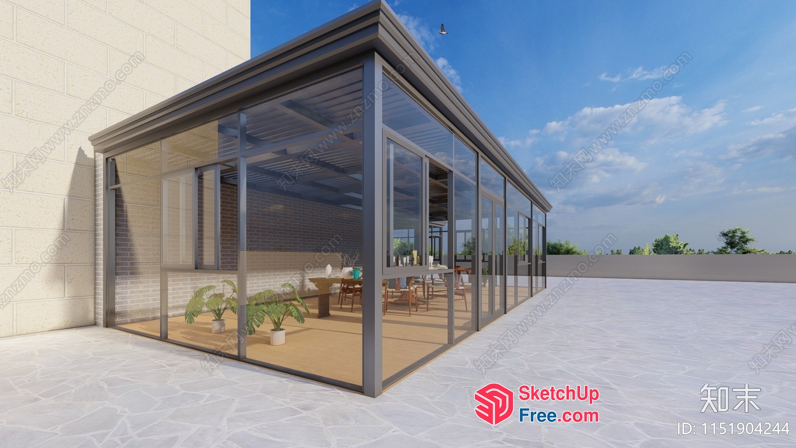 Modern Glass Enclosed Dining Room With Potted Plants 3D SketchUp File