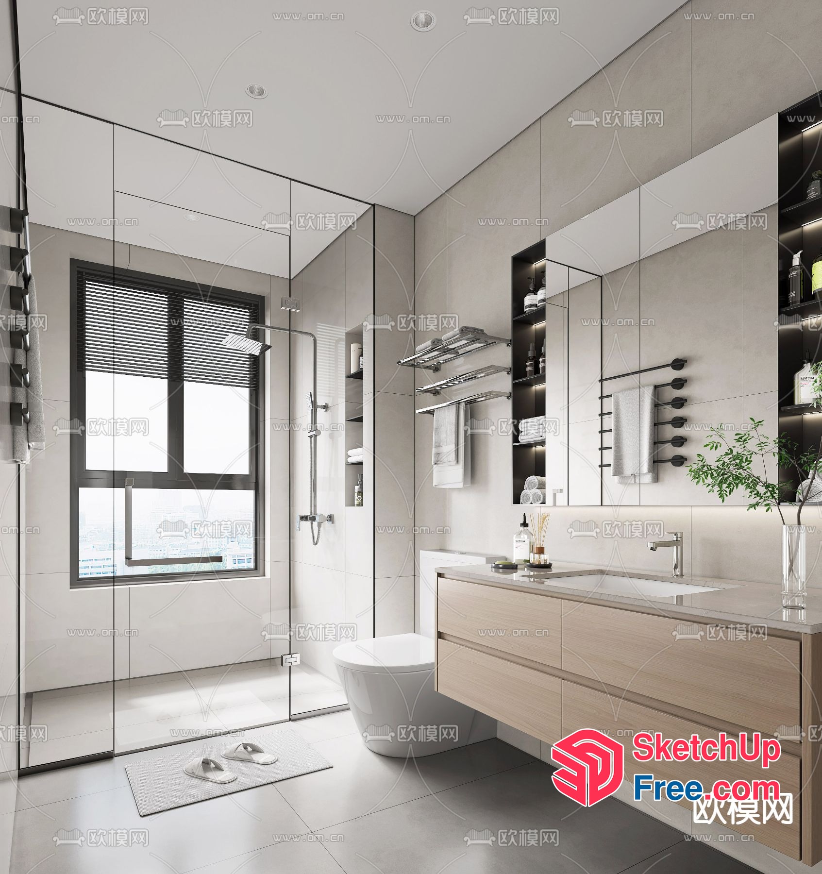 Modern Bathroom With Glass Shower And Wooden Cabinets 3D SketchUp File