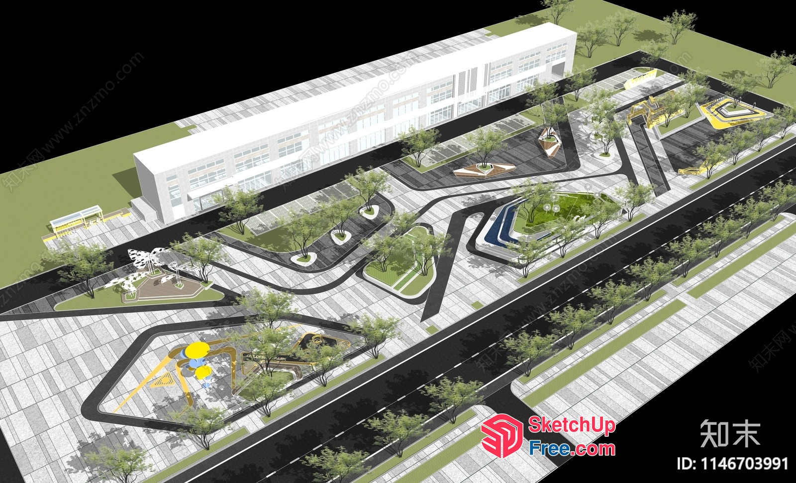 Modern Office Building With Lush Greenery And Serene Water Features 3D SketchUp File