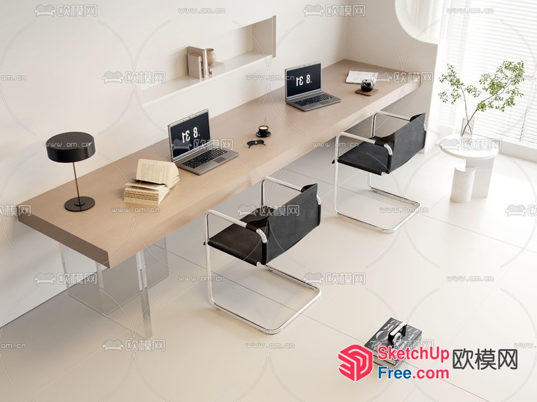 Modern Minimalist Office Space With Sleek Wooden Desk And Black Chairs 3D SketchUp File