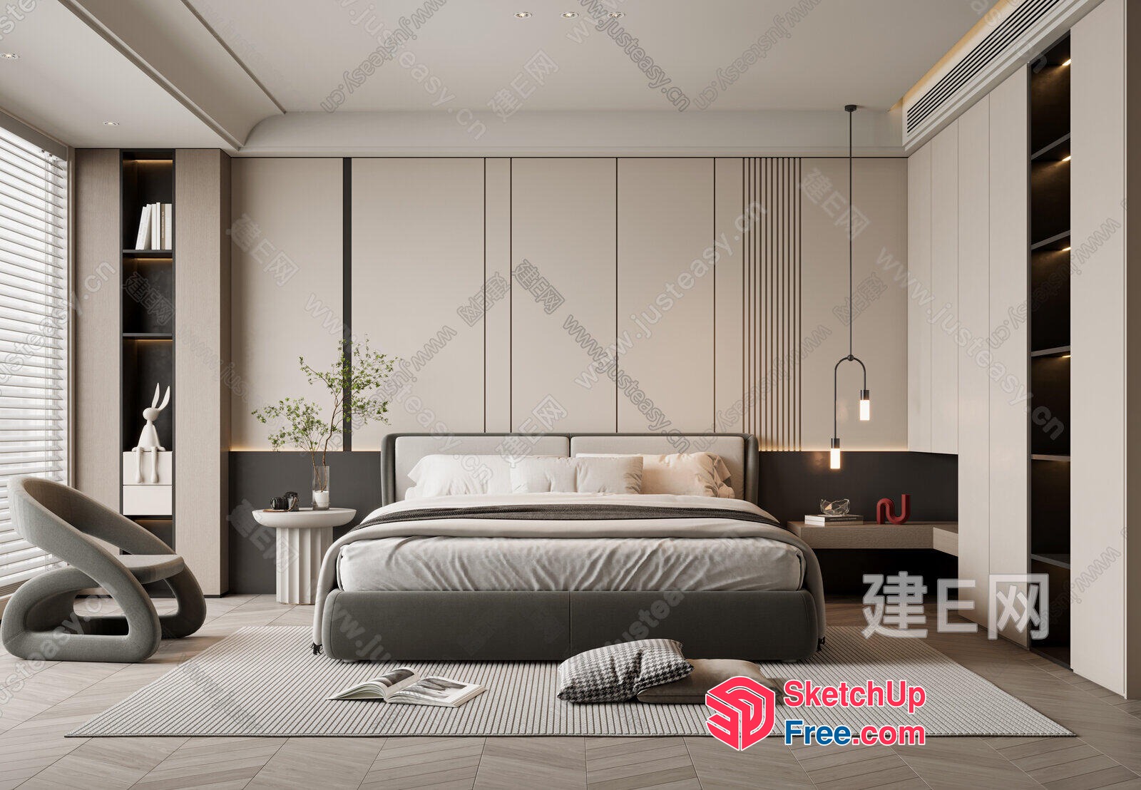 Modern Minimalist Bedroom With Pillows And Bed 3D SketchUp File