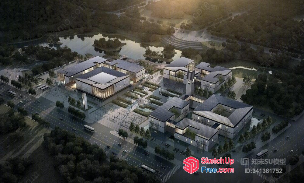 Modern Commercial Building With Green Spaces And Water Features 3D SketchUp File