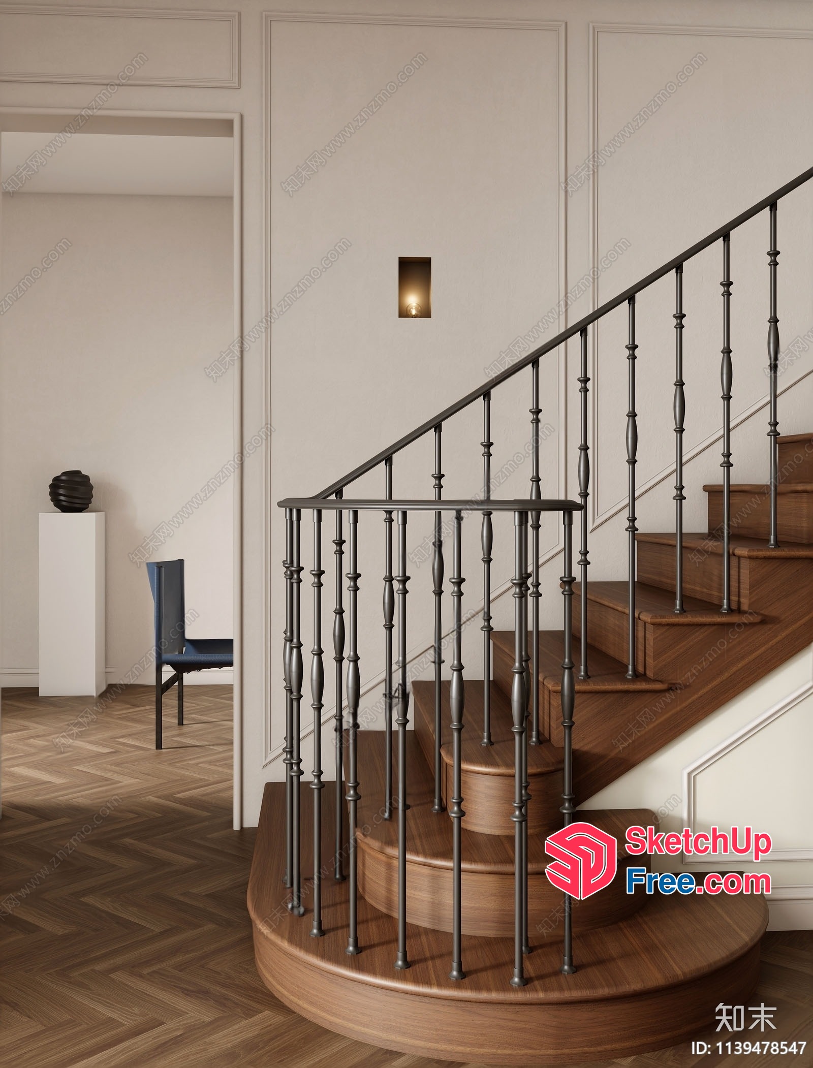 Elegant Staircase With Wooden Steps And Black Railings 3D SketchUp File