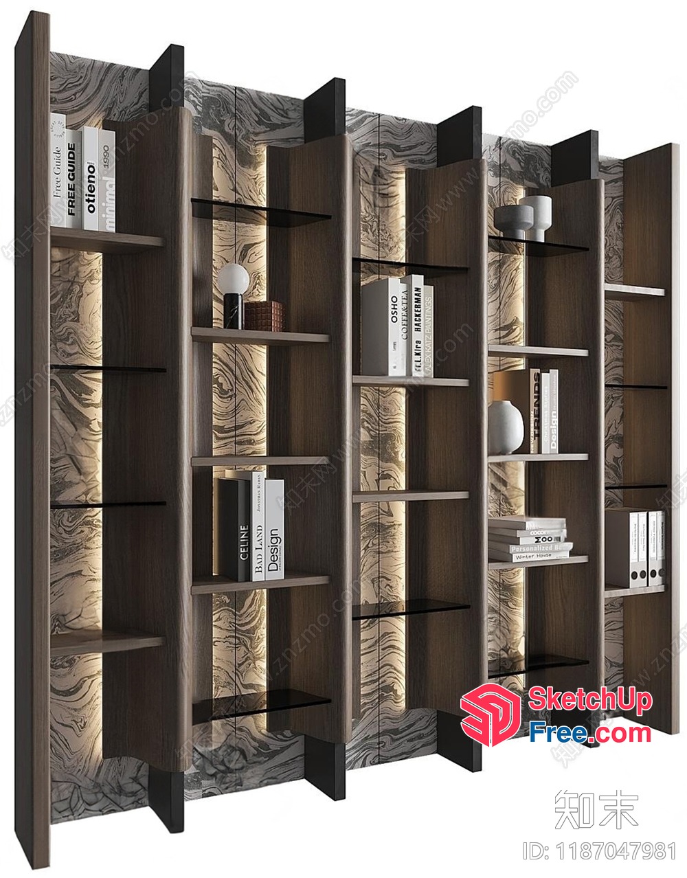 Modern Bookcase With Led Lighting And Decorative Shelves 3D SketchUp File