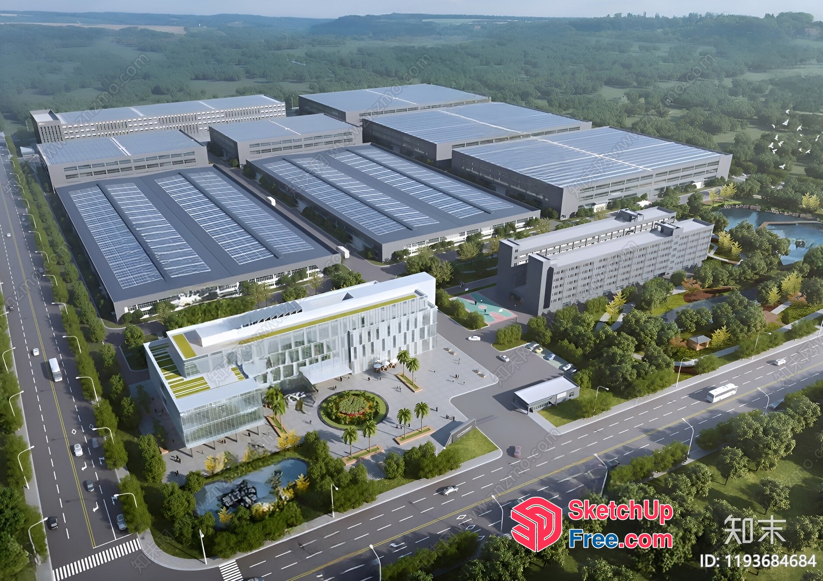 Modern Industrial Park With Glass Curtain Wall And Solar Panels 3D SketchUp File