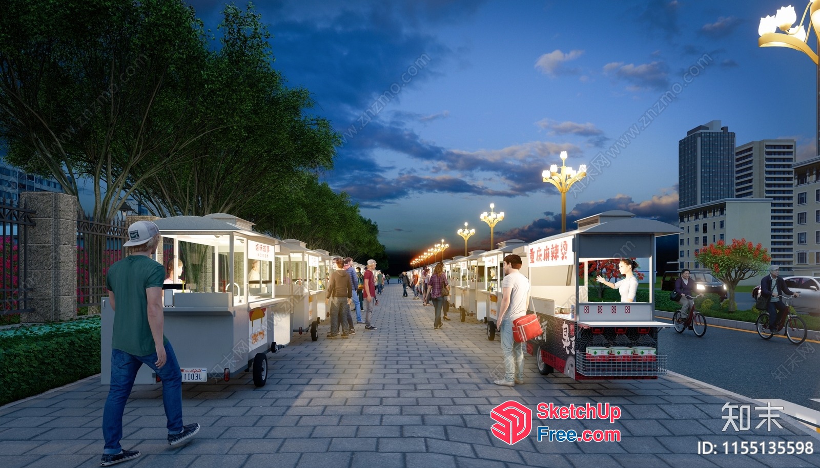 Night Market Food Stalls Along Paved Sidewalk 3D SketchUp File