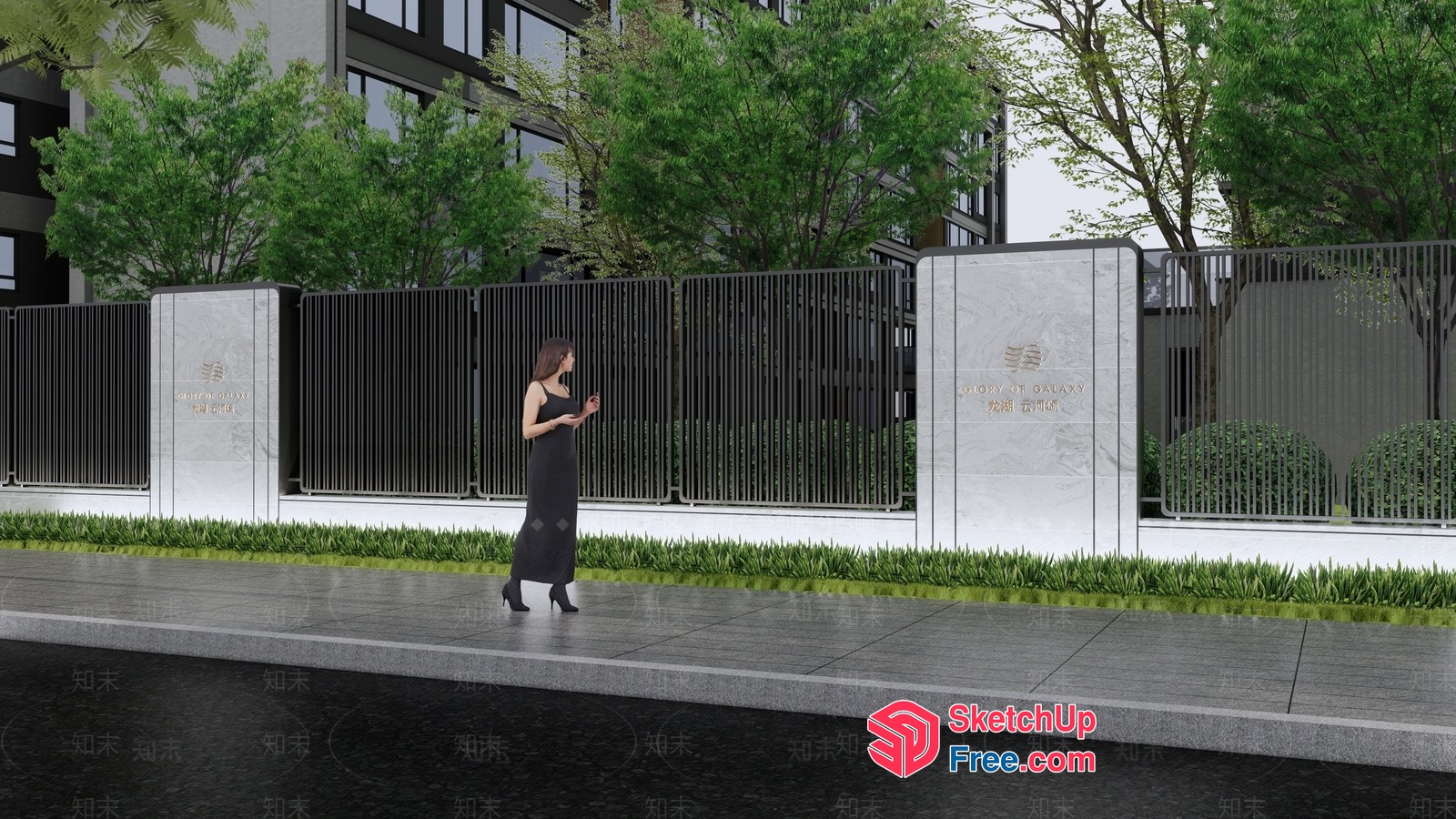 Modern Exterior Entrance With Pillars And Fence 3D SketchUp File