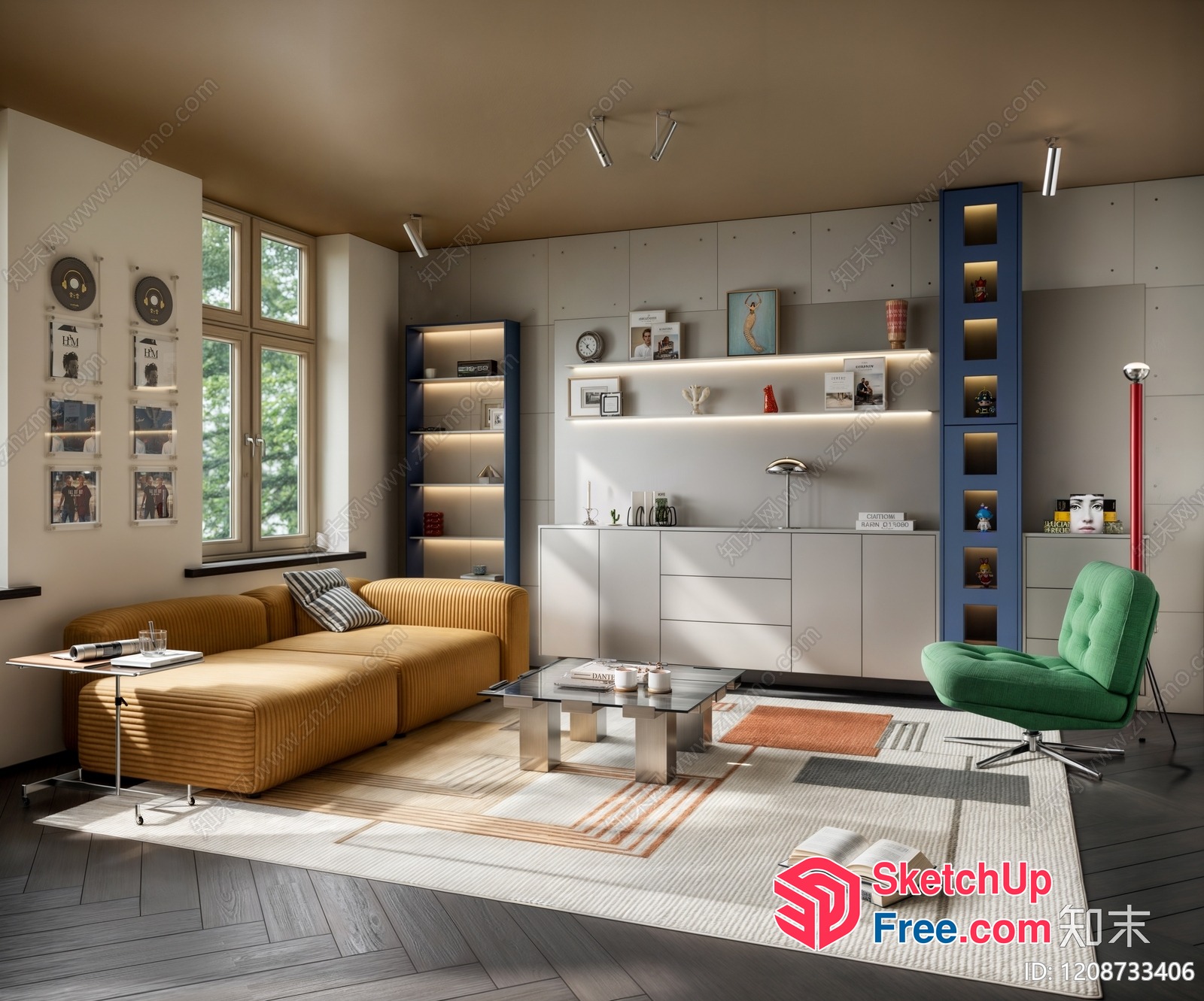 Modern Living Room With Yellow Sofa And Glass Coffee Table 3D SketchUp File