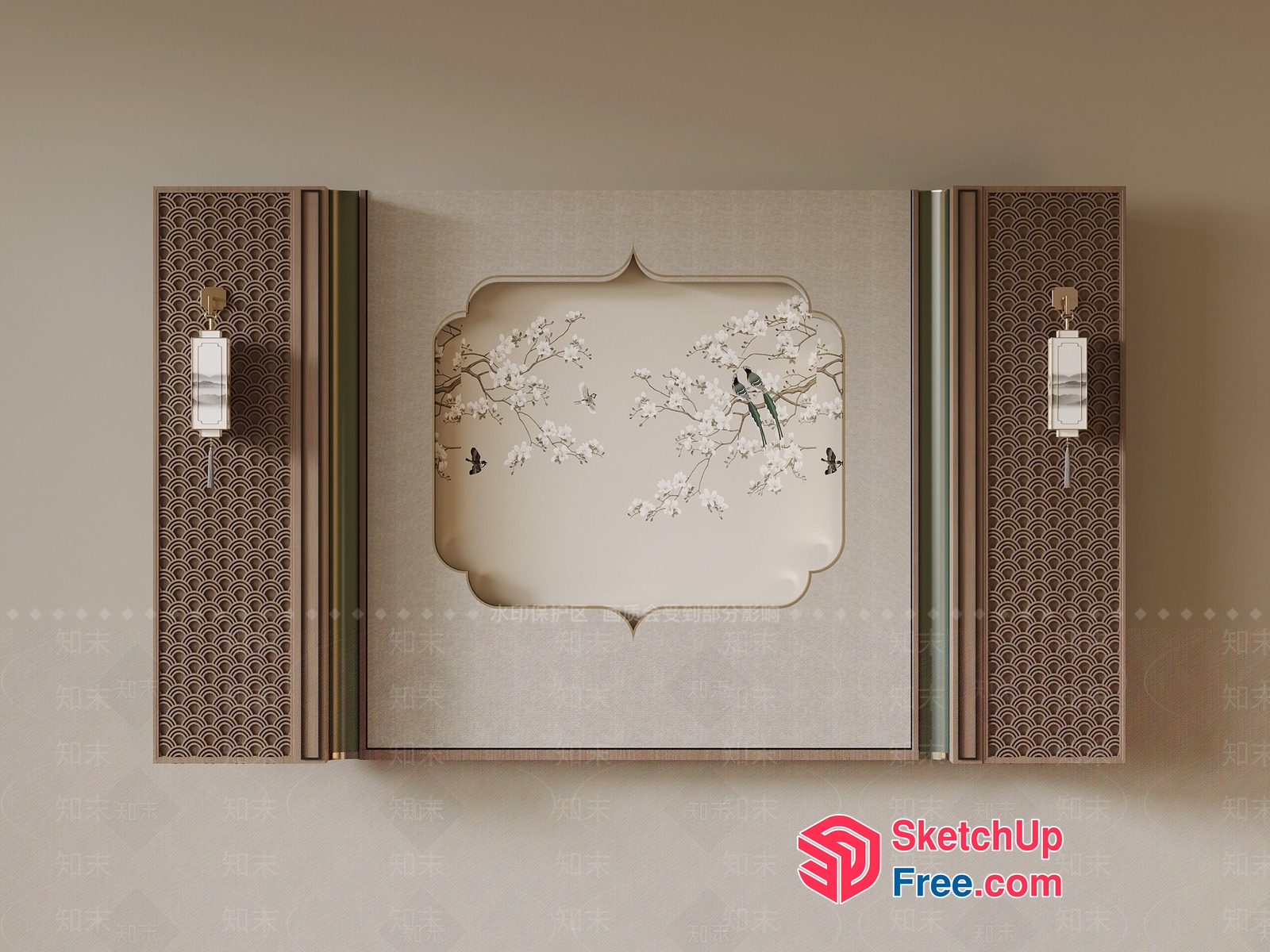 Elegant Japanese-Style Wall Decor With Bird And Flower Design 3D SketchUp File