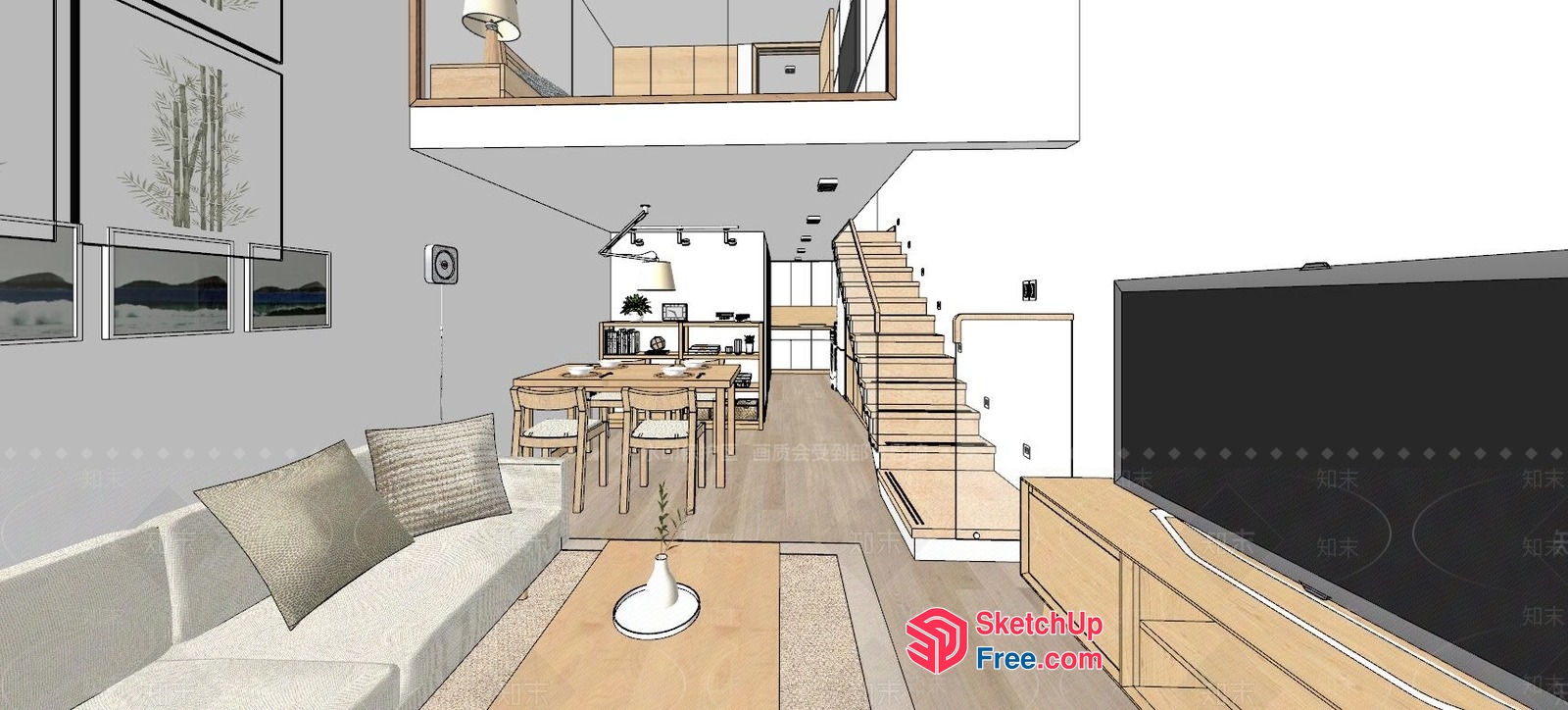 Minimalist Modern Living Room With Natural Wood Accents 3D SketchUp File