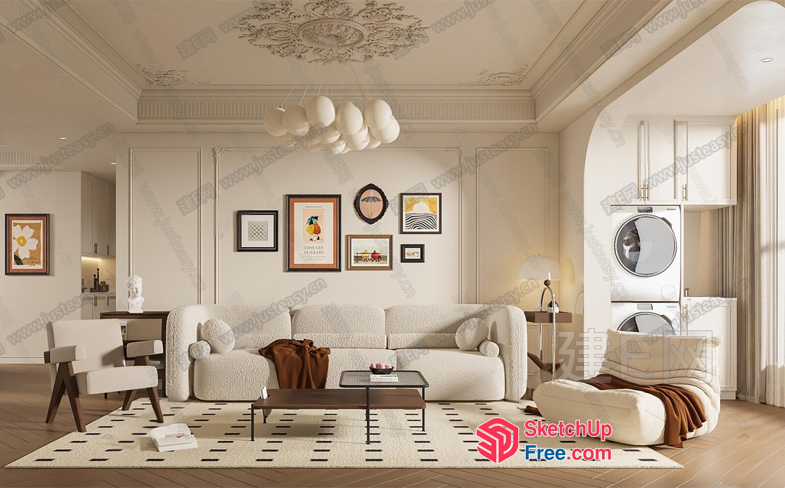 Elegant Creamy Style Living Room With Classic Moulding 3D SketchUp File