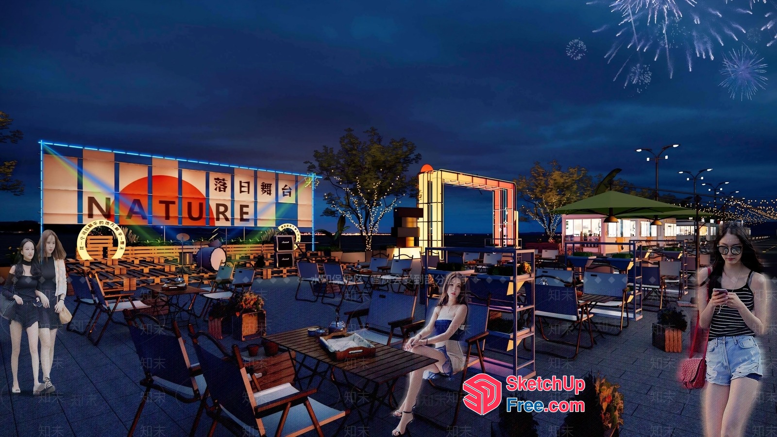 Outdoor Seating Area With Unique Signage And Decor 3D SketchUp File