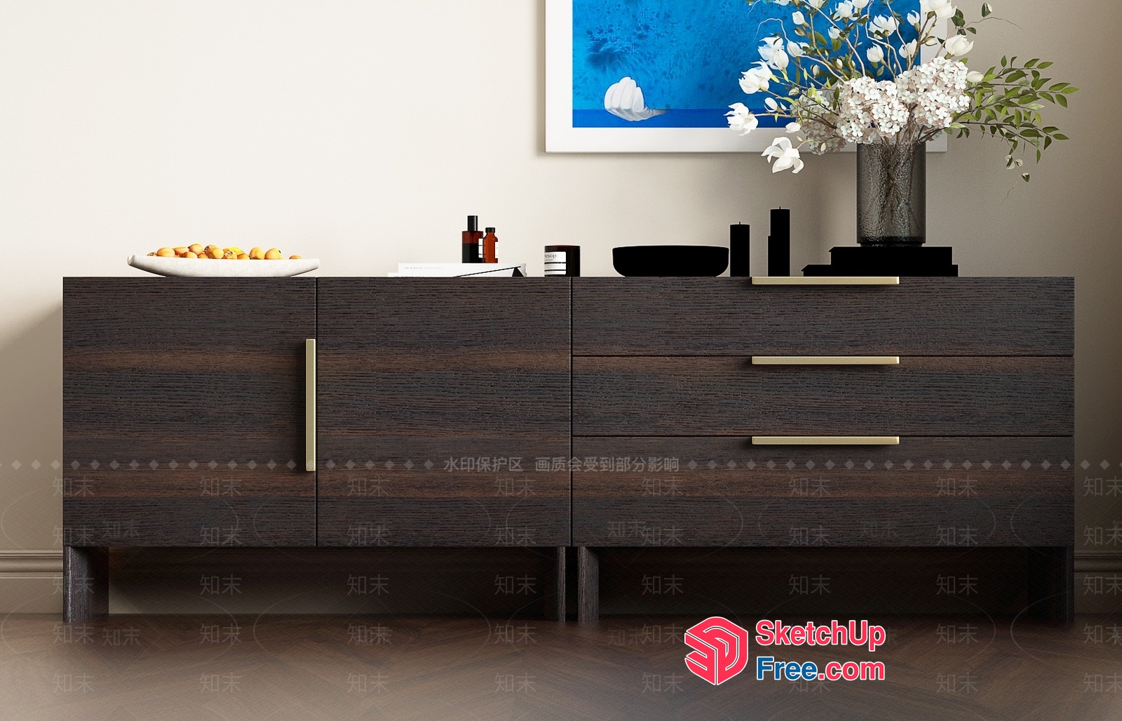 Modern Sideboard With Dark Wood And Brass Handles 3D SketchUp File