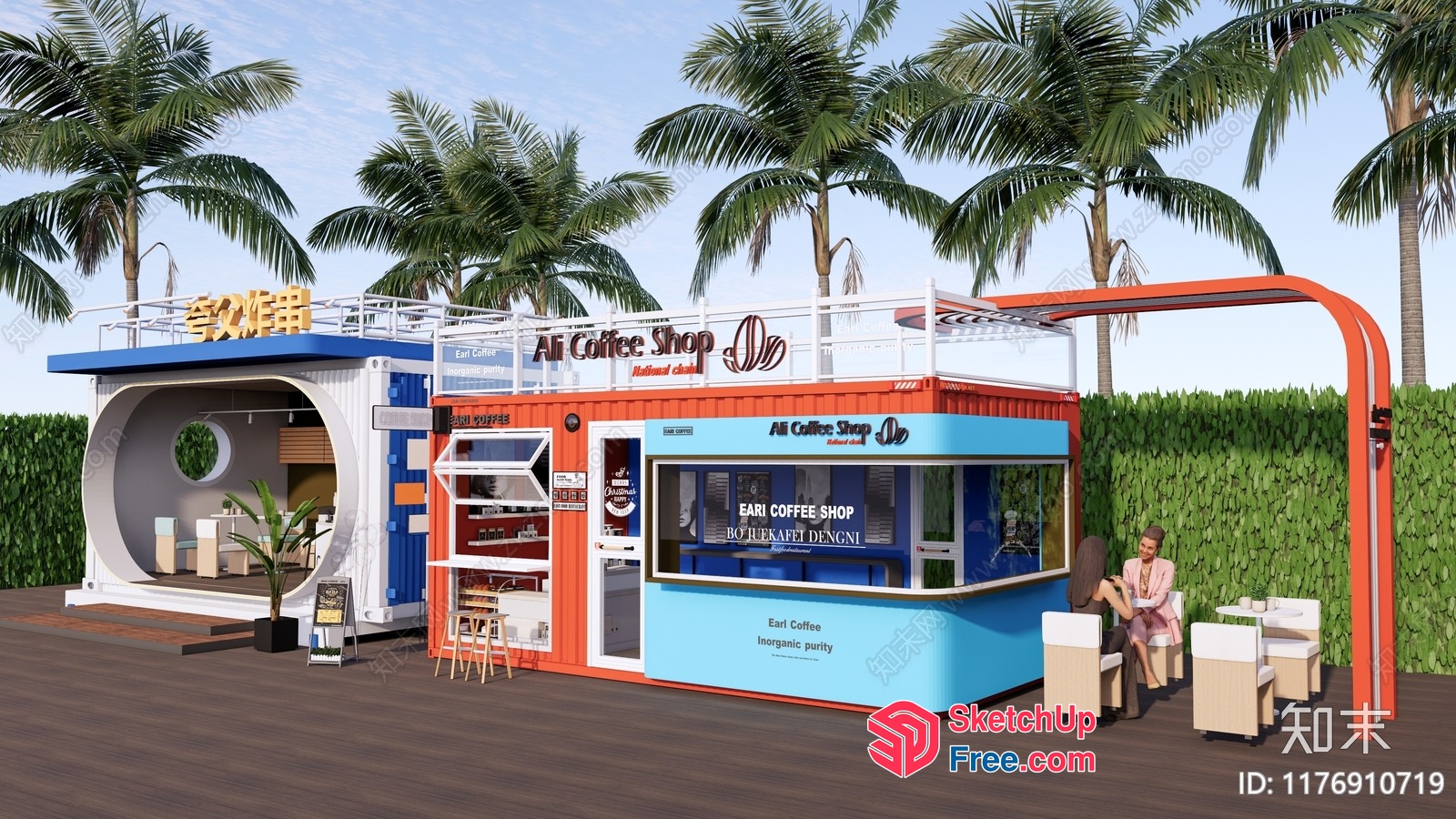 Modern Coffee Shop With Tropical Outdoor Seating Area 3D SketchUp File