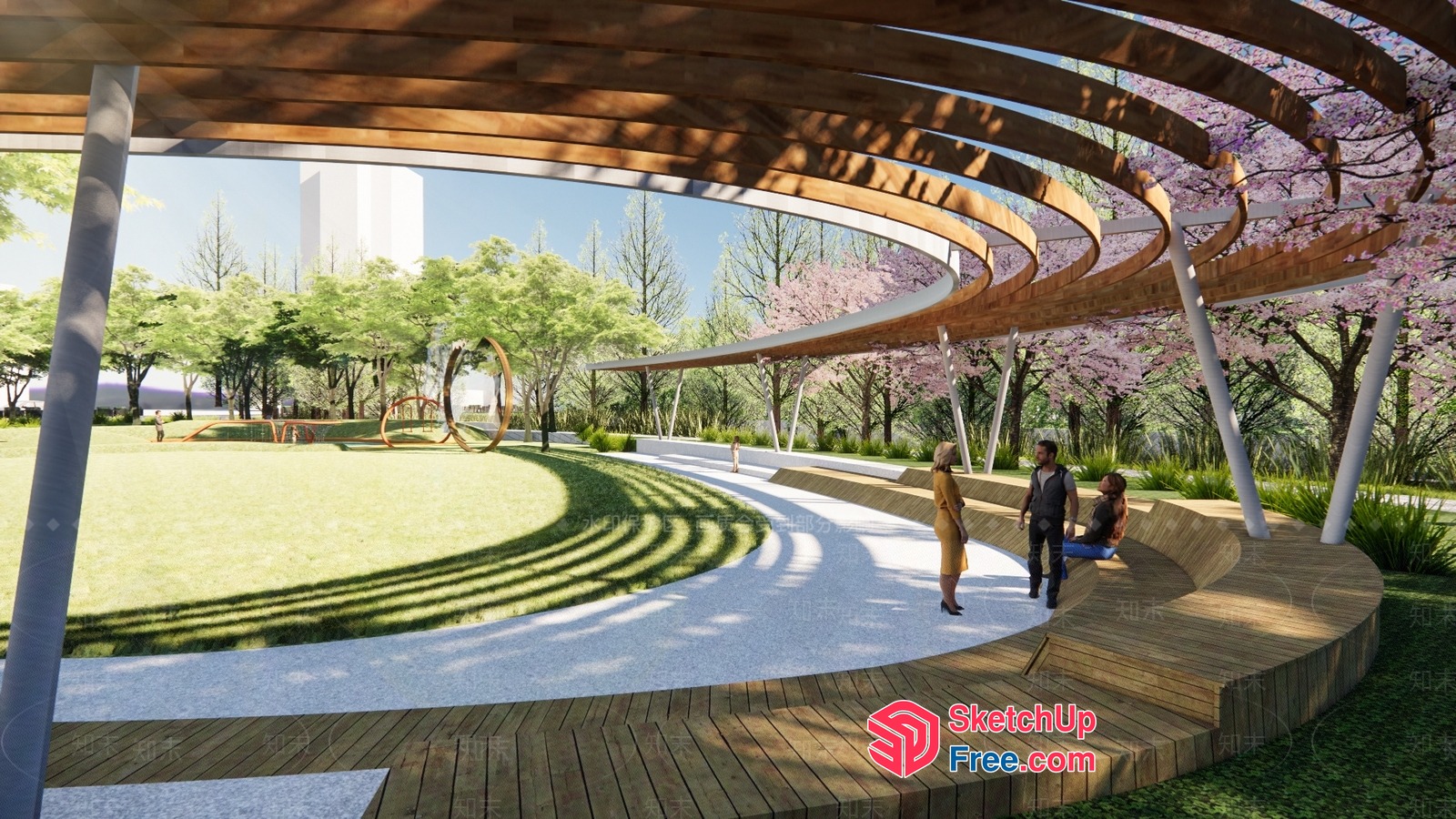 Elegant Curved Wooden Pavilion With Natural Light And Greenery 3D SketchUp File