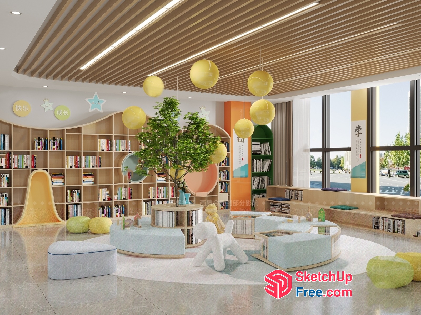 Modern Library Interior With Vibrant Decor And Natural Elements 3D SketchUp File