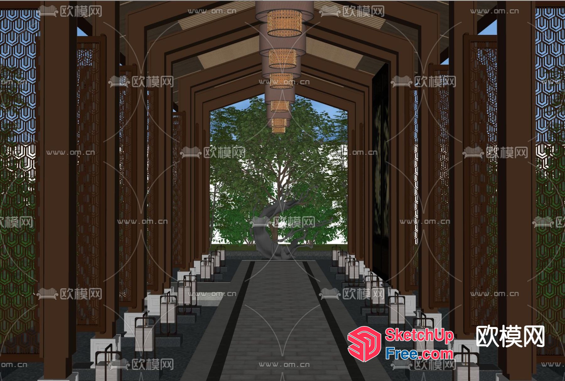 A Beautifully Designed Hallway With Pillars And Lanterns 3D SketchUp File
