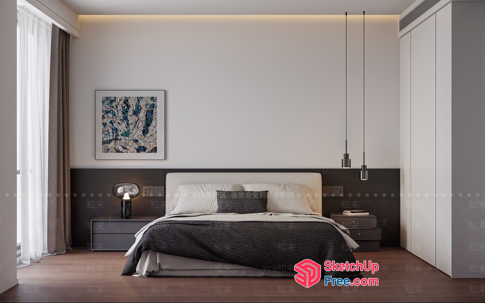 Modern Minimalist Bedroom With White And Dark Accents 3D SketchUp File