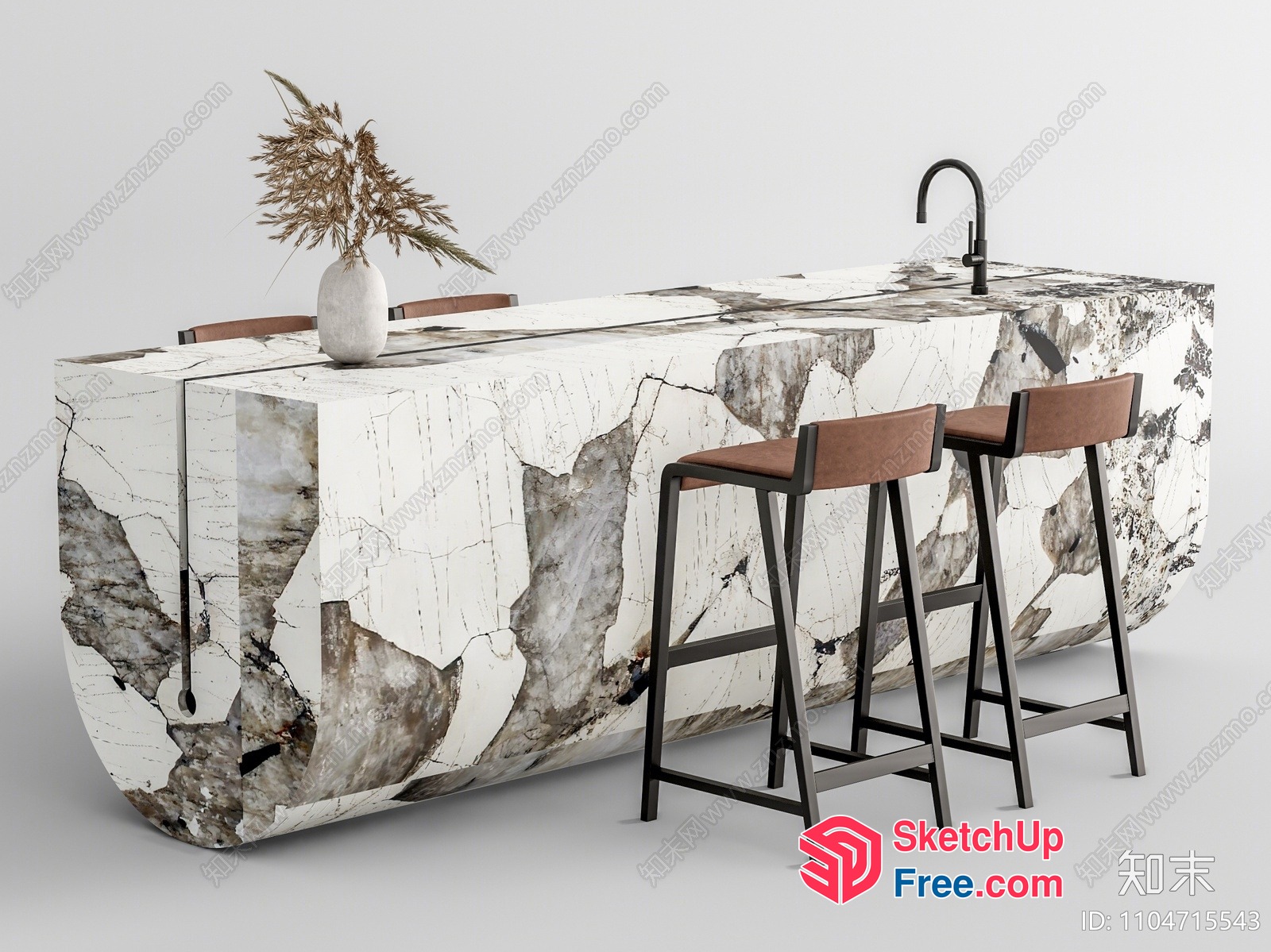 Marble Kitchen Island With Brown Bar Stools And Vase 3D SketchUp File