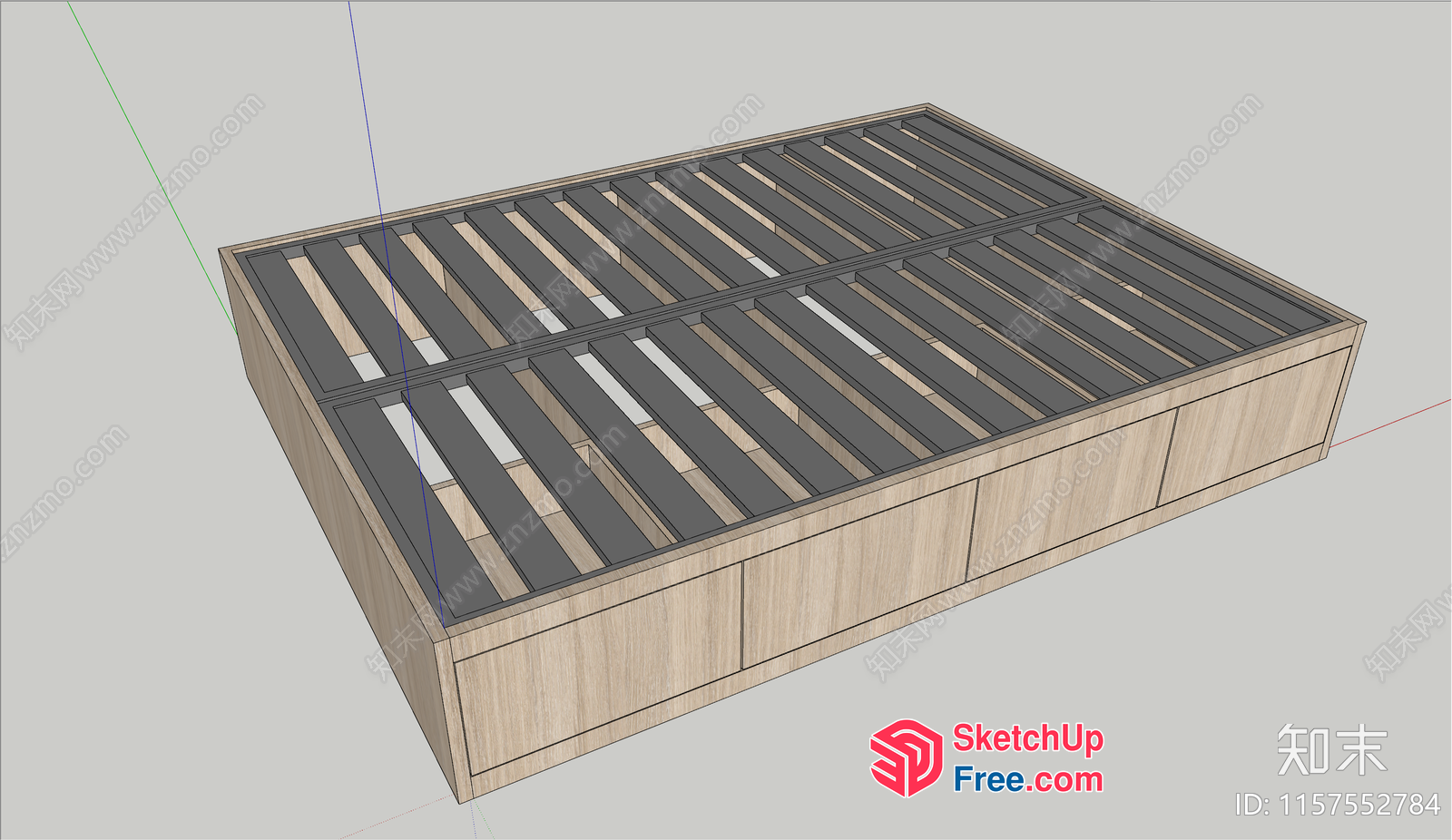 Wooden Bed With Storage Drawers And Slatted Headboard 3D SketchUp File
