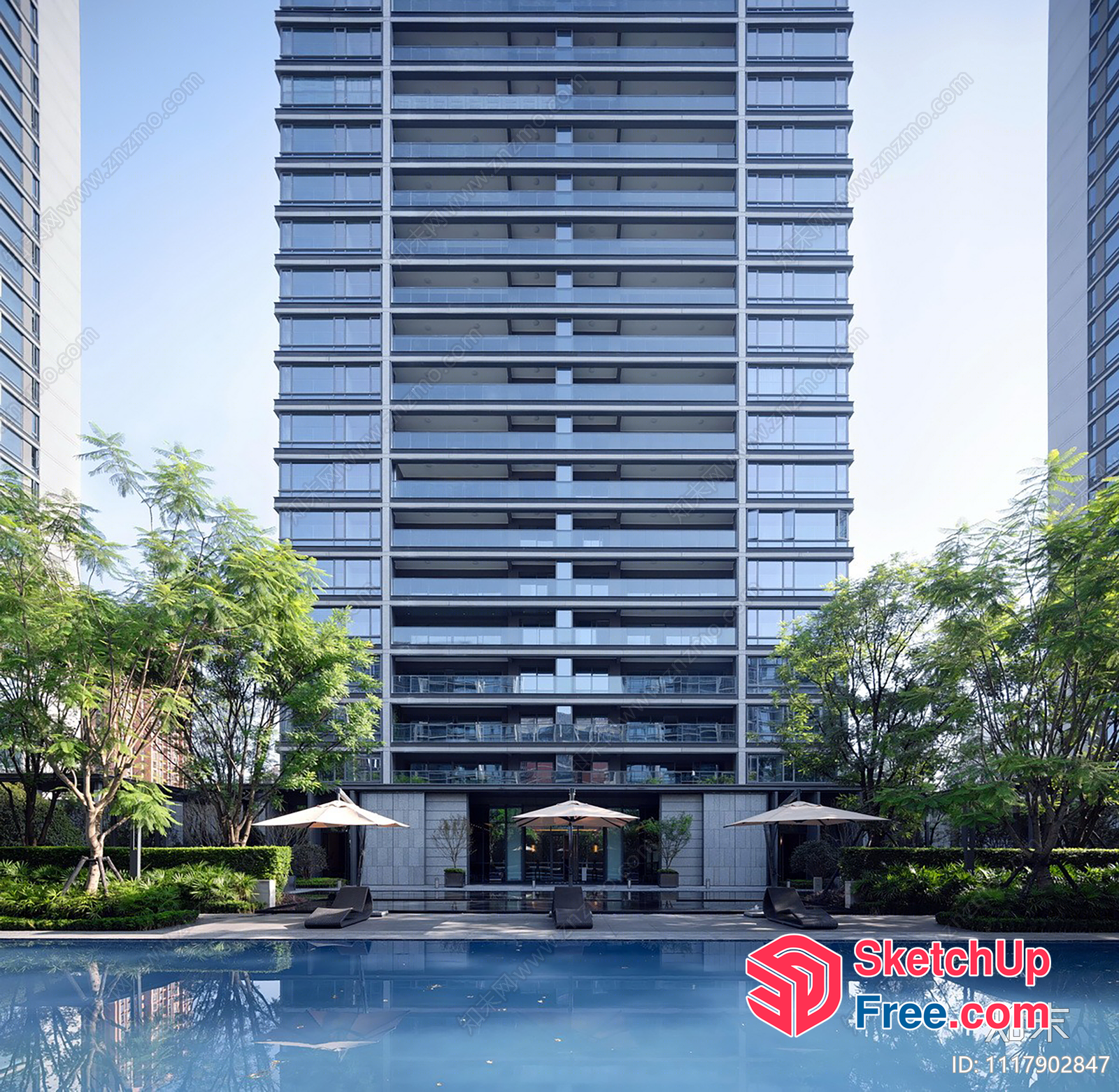 High-Rise Building With Glass Curtain Wall And Pool 3D SketchUp File