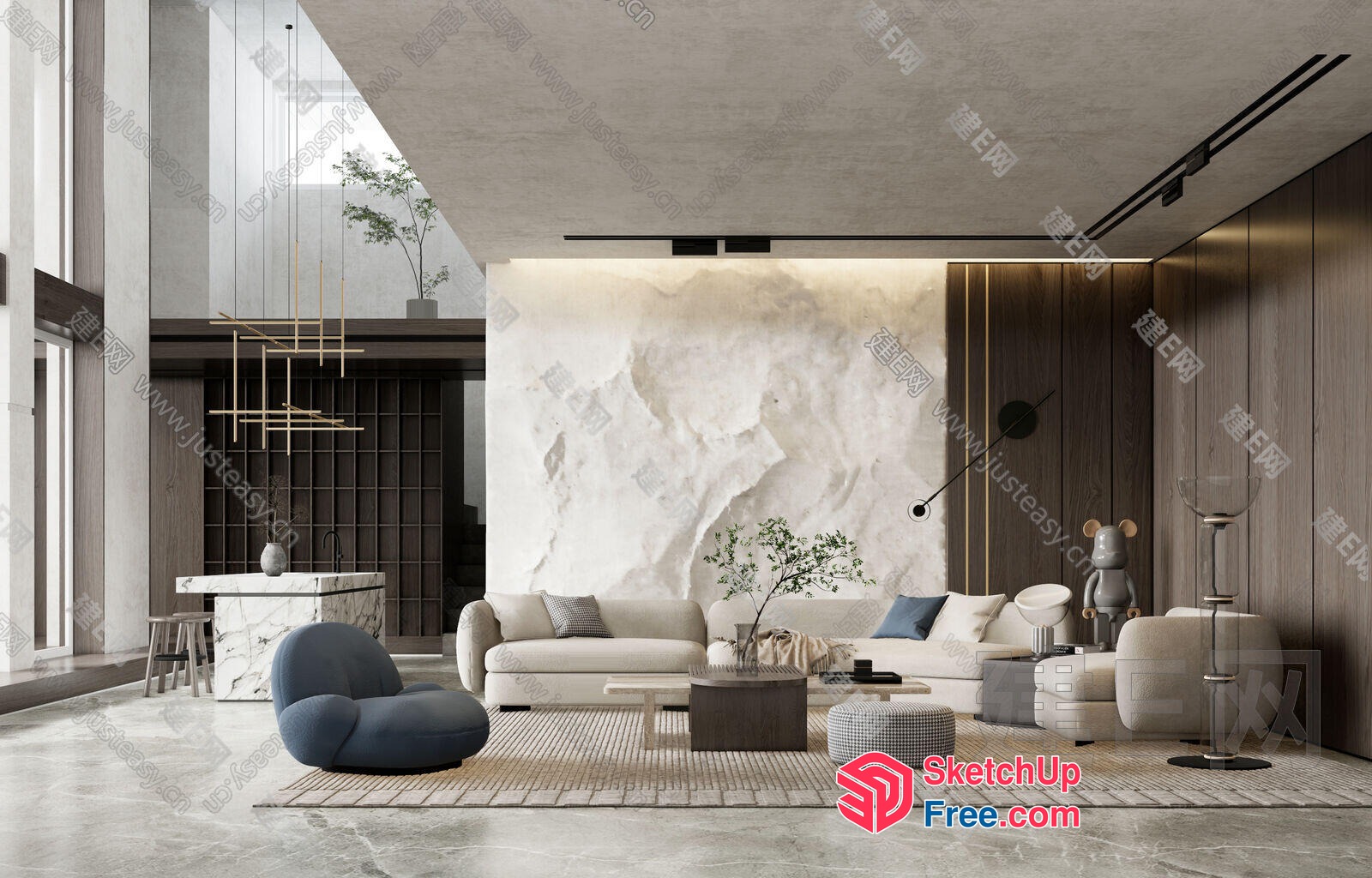 Modern Minimalist Living Room With High Ceiling And Natural Light 3D SketchUp File