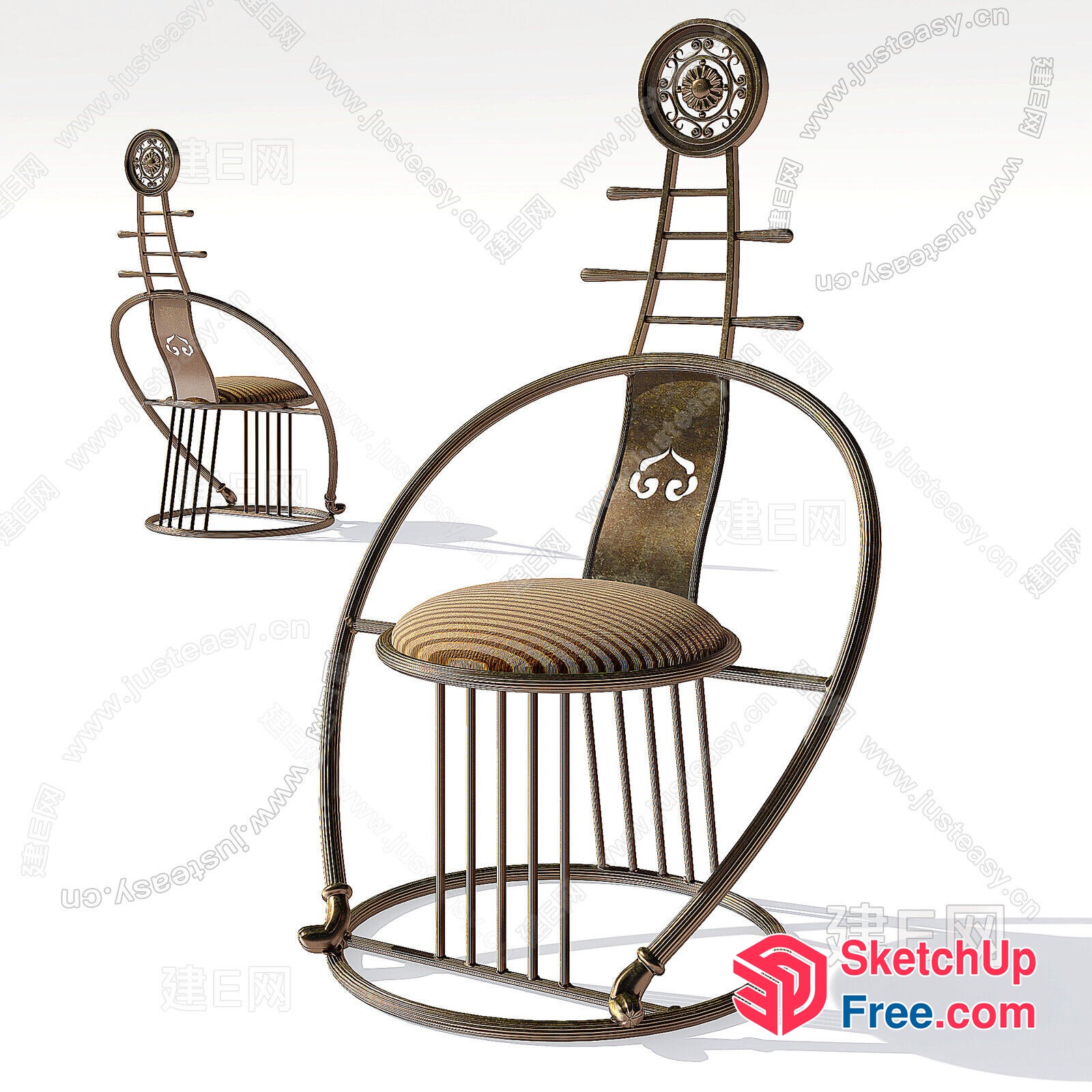 Ornate Metal Chair With Ladder Back And Striped Seat Cushion 3D SketchUp File