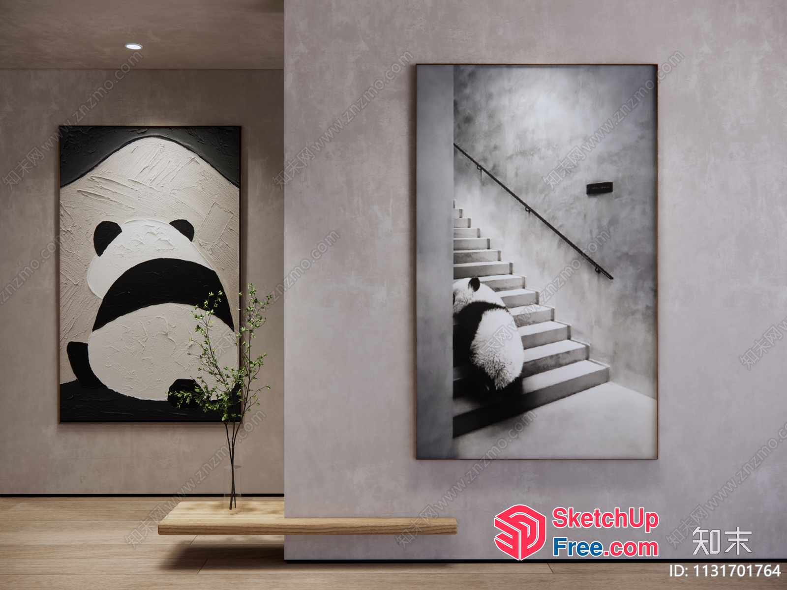 Panda Staircase Artwork In Minimalist Interior 3D SketchUp File