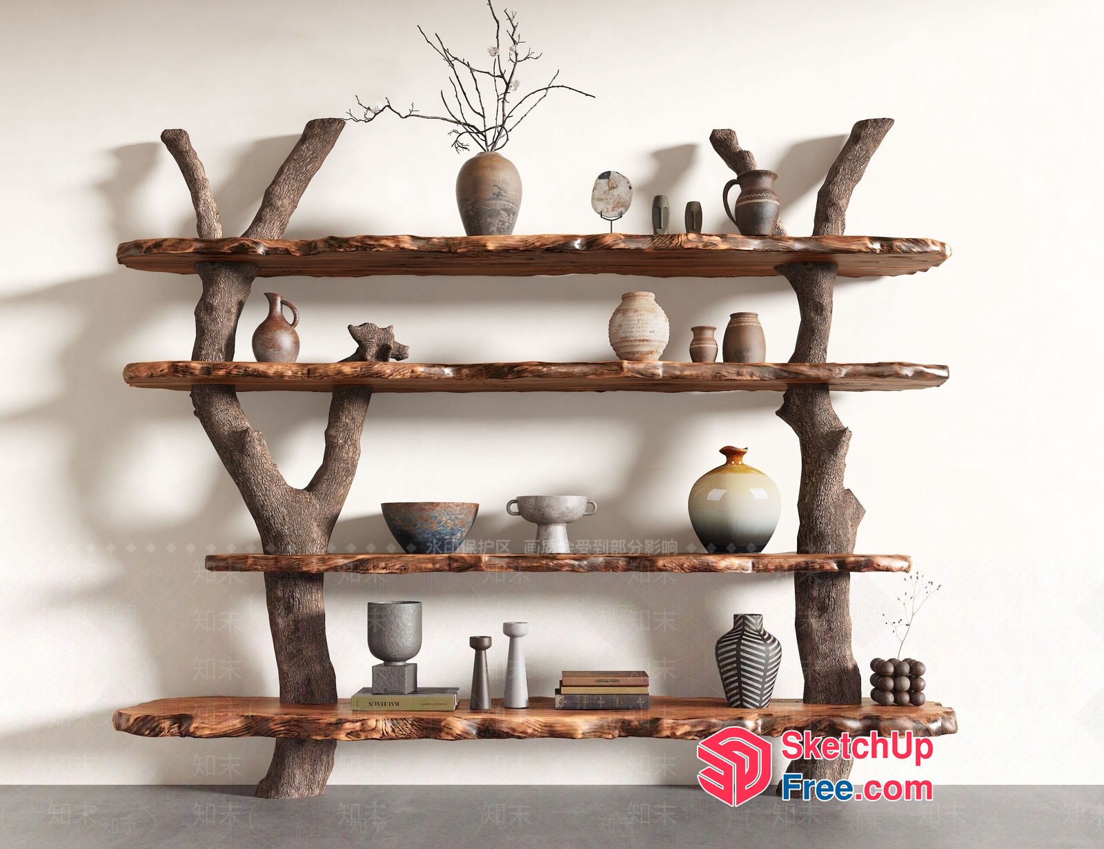 Unique Wooden Shelf Design With Natural Branches And Decorative Items 3D SketchUp File