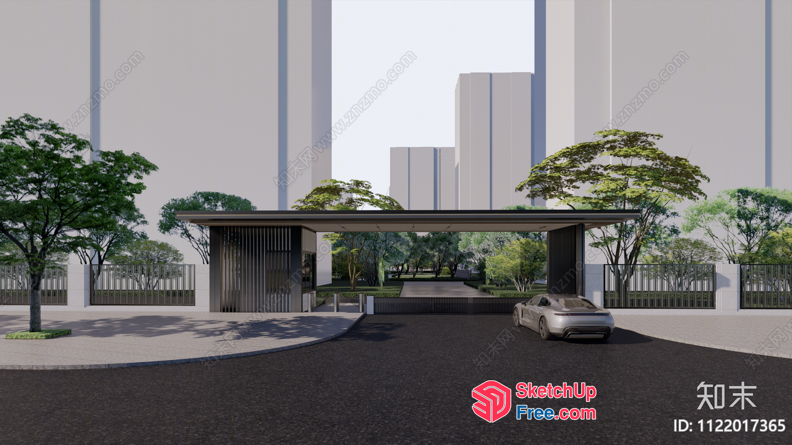 Modern Urban Entrance With Car And Trees 3D SketchUp File