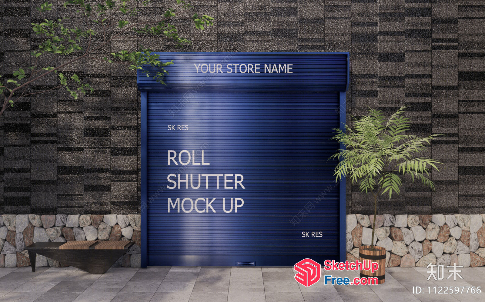 Store Entrance With Blue Roll Shutter And Stone Wall 3D SketchUp File