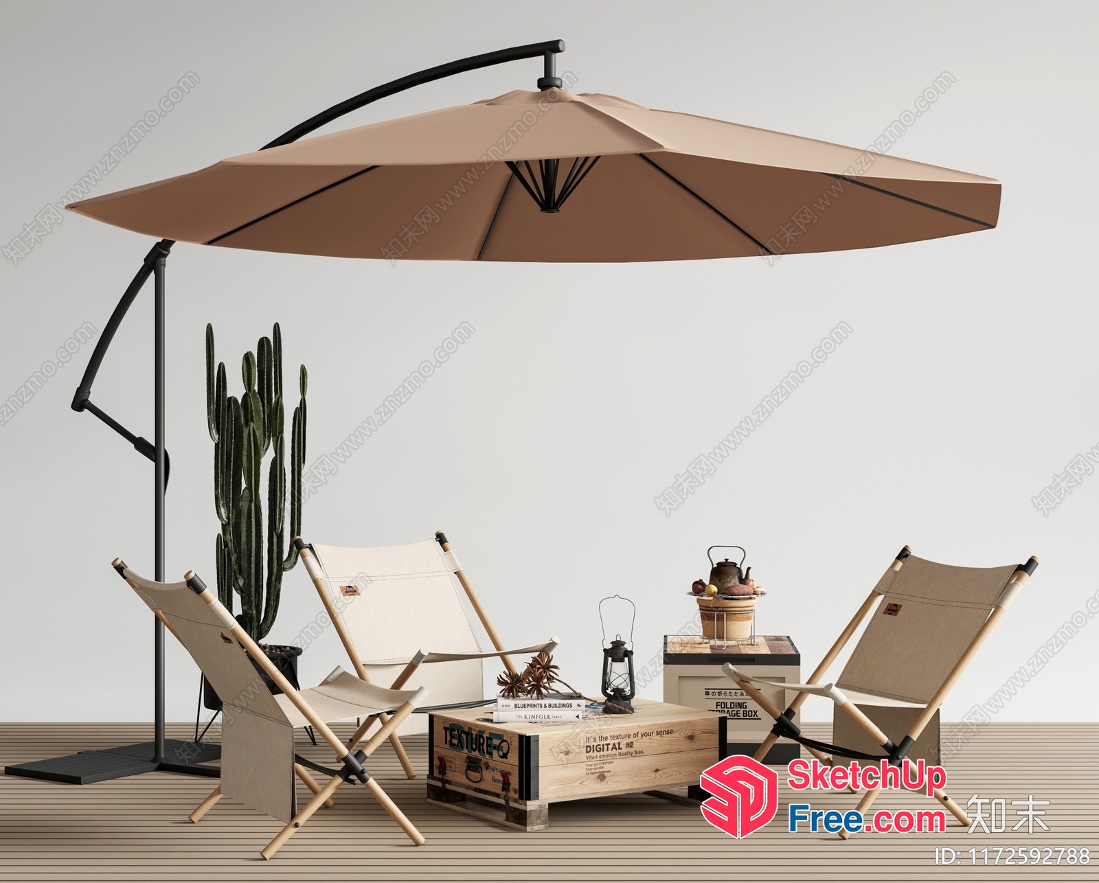 Outdoor Seating Area With Umbrella And Decorative Elements 3D SketchUp File