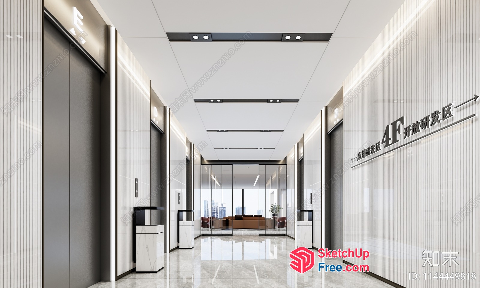 Modern Office Building Interior With Glass Curtain Wall And Elevator 3D SketchUp File