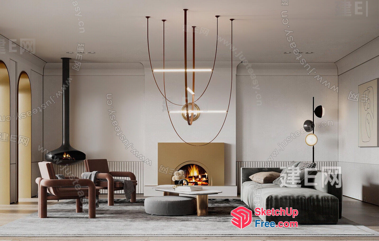 Modern Minimalist Living Room With Fireplace And Hanging Lights 3D SketchUp File