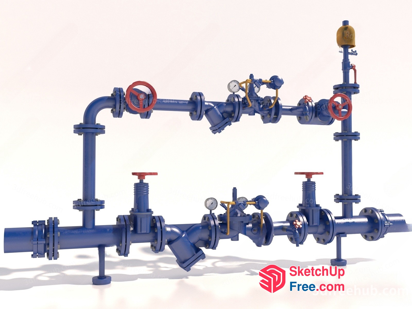 Industrial Pipe System With Valves And Pressure Gauges 3D SketchUp File