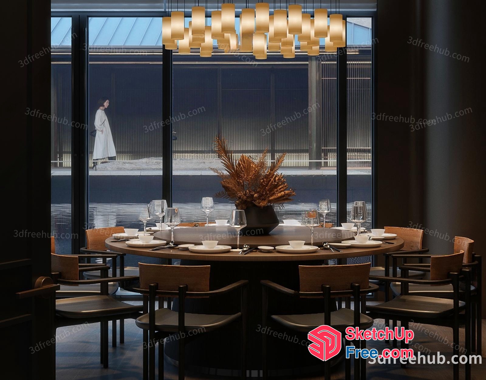 Elegant Dining Room With Large Table And Chandelier 3D SketchUp File