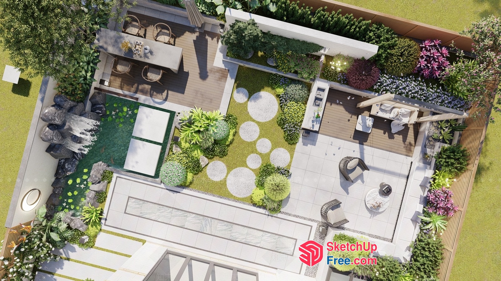 Modern Outdoor Space With Elegant Furniture And Lush Greenery 3D SketchUp File