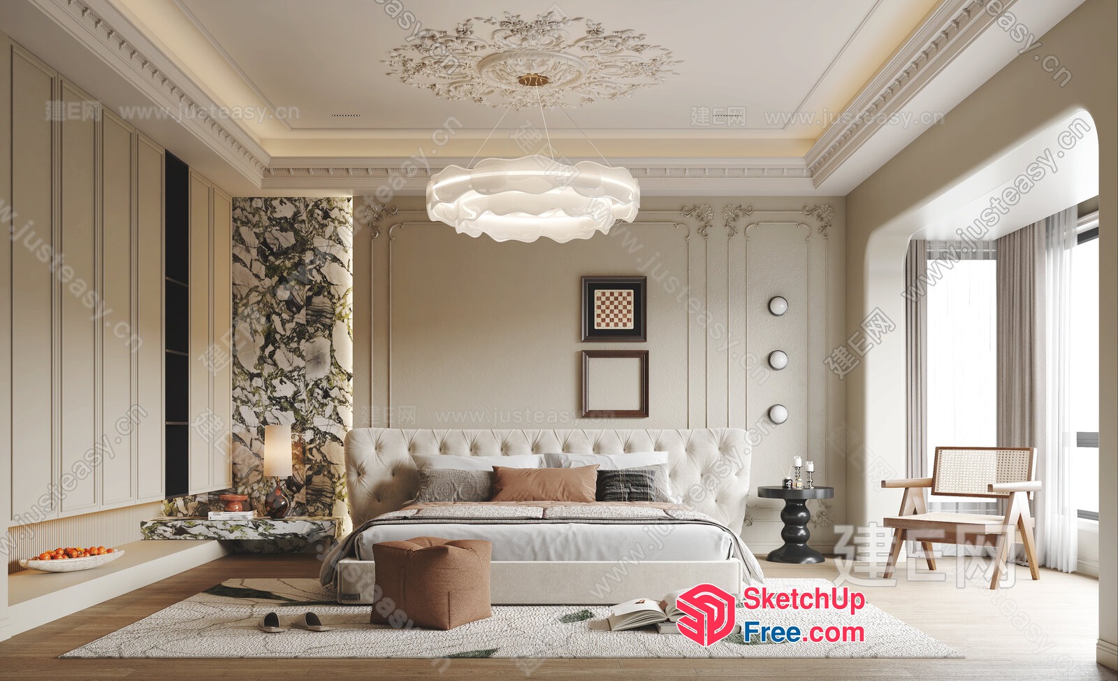 Elegant And Sophisticated Creamy Style Bedroom 3D SketchUp File