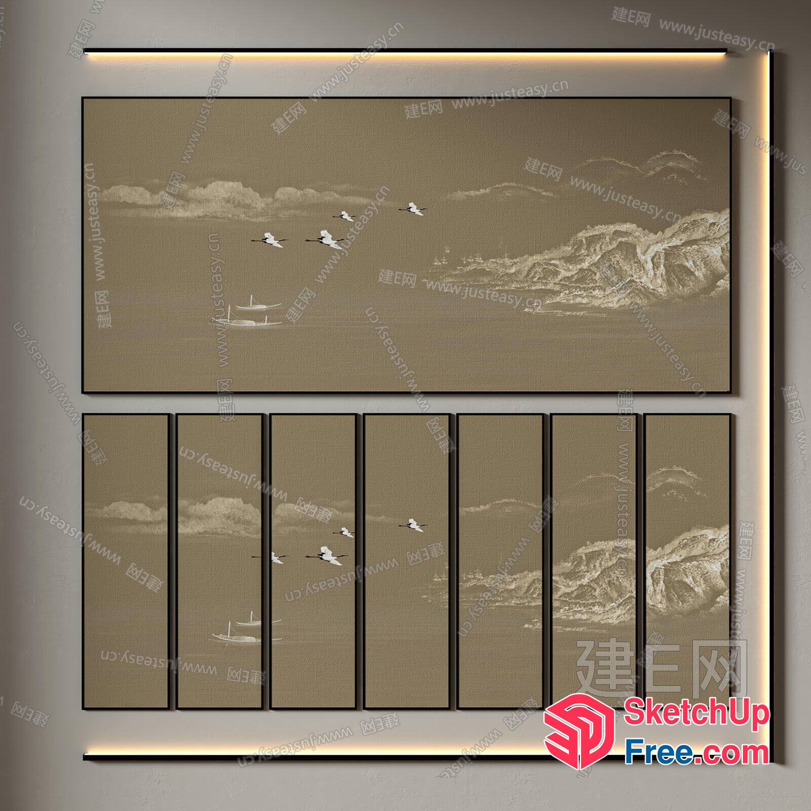 Modern Japanese-Inspired Wall Artwork With Birds And Mountains 3D SketchUp File