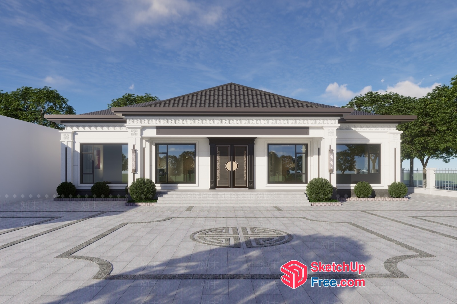 Modern White Villa With Pillars And Stairs 3D SketchUp File
