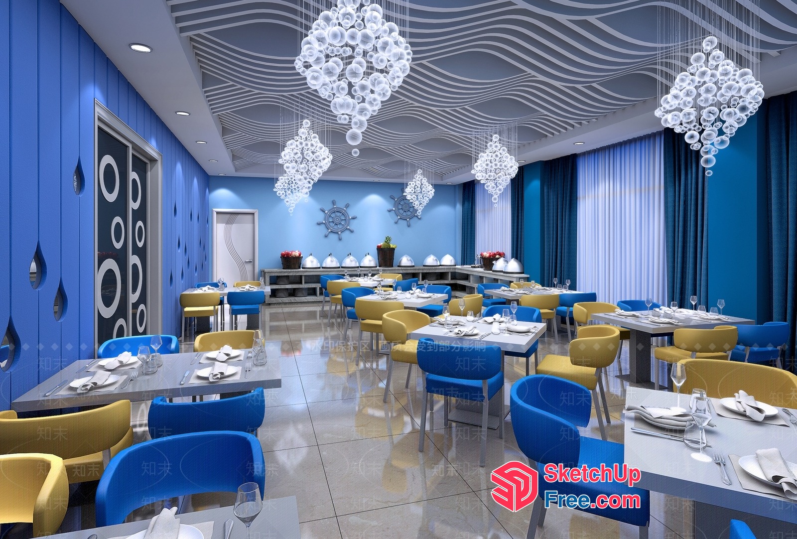 Elegant Blue And Yellow Dining Room With Modern Light Fixtures 3D SketchUp File
