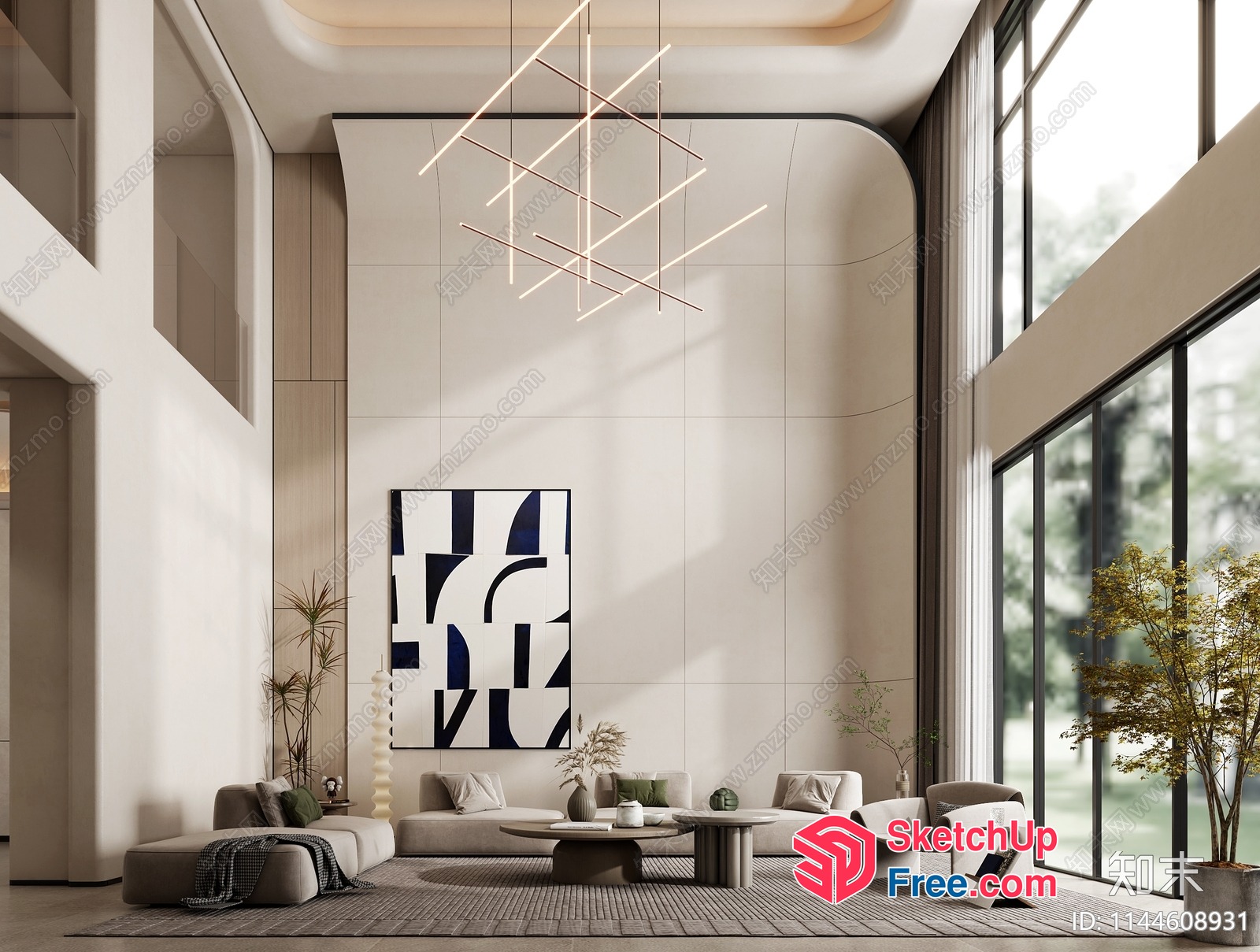 Modern Minimalist Living Room With High Ceiling And Large Windows 3D SketchUp File