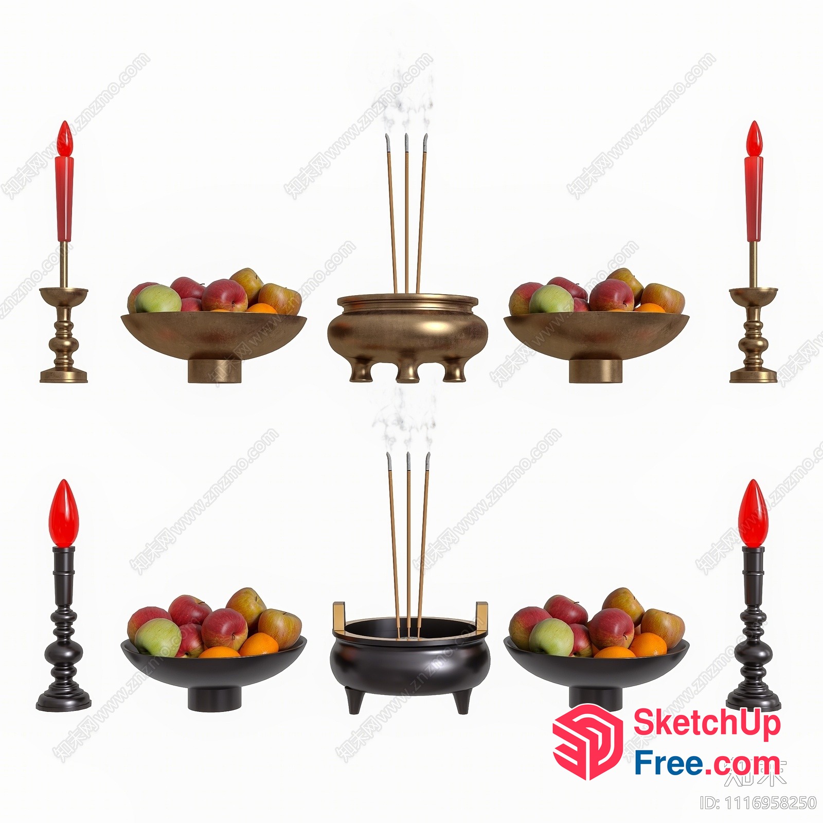 Elegant Decorative Bowls With Fruits And Incense Sticks 3D SketchUp File