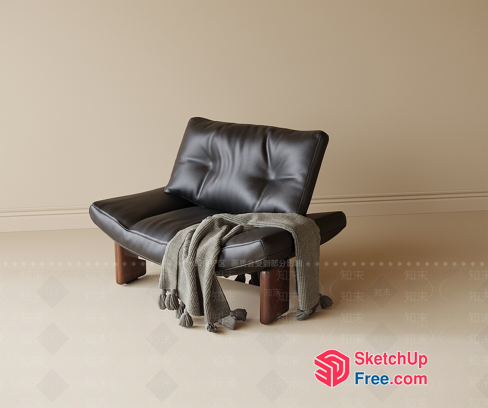 Black Leather Chair With Tassel Throw Blanket 3D SketchUp File
