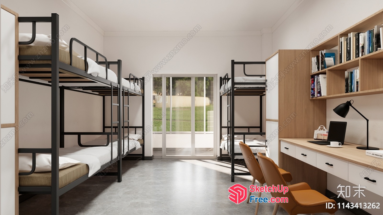 Modern Dormitory With Bunk Beds And Study Area 3D SketchUp File