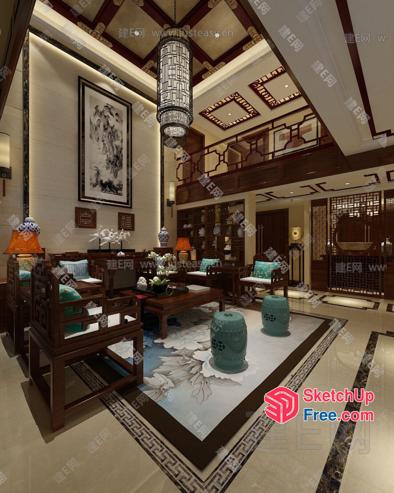 Asian-Inspired Living Room With Traditional Furniture 3D SketchUp File