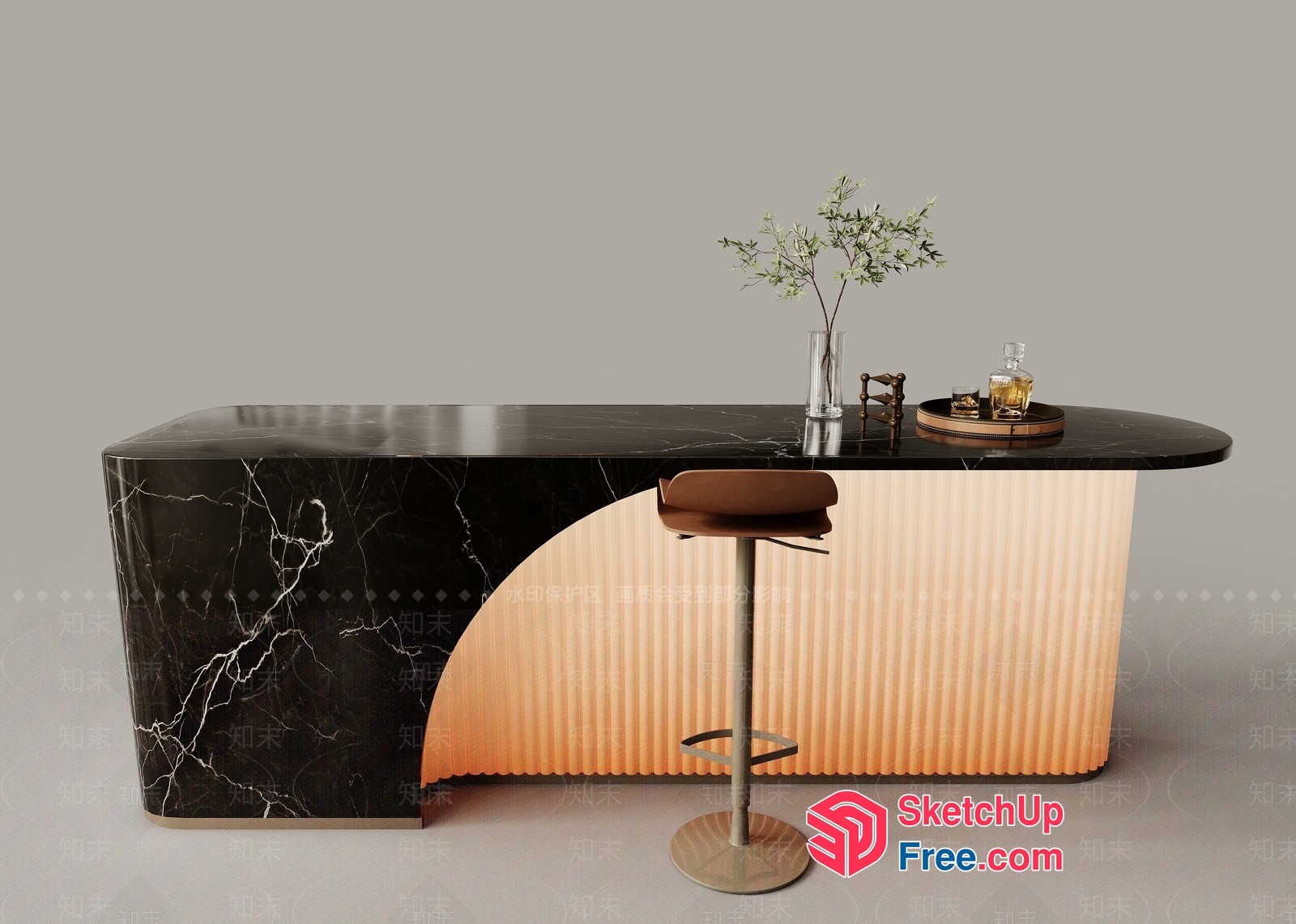 Modern Bar Counter With Black Marble And Beige Accents 3D SketchUp File